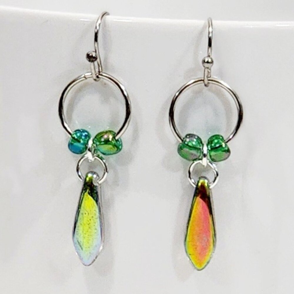 Czechoslovakian Iridescent Green Glass Dagger Earrings Lightweight Minimalist